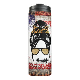 Patriotic Mum Life Design with Leopard Print Thermal Tumbler