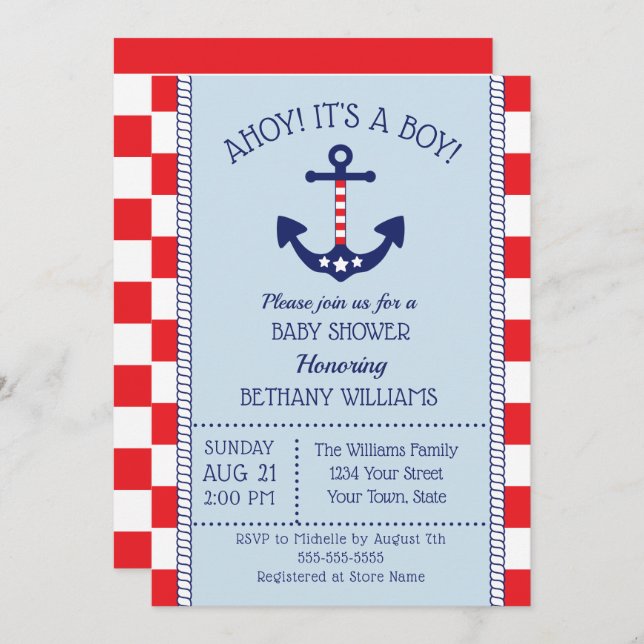 Patriotic Nautical Anchor Boy Baby Shower Invitation (Front/Back)