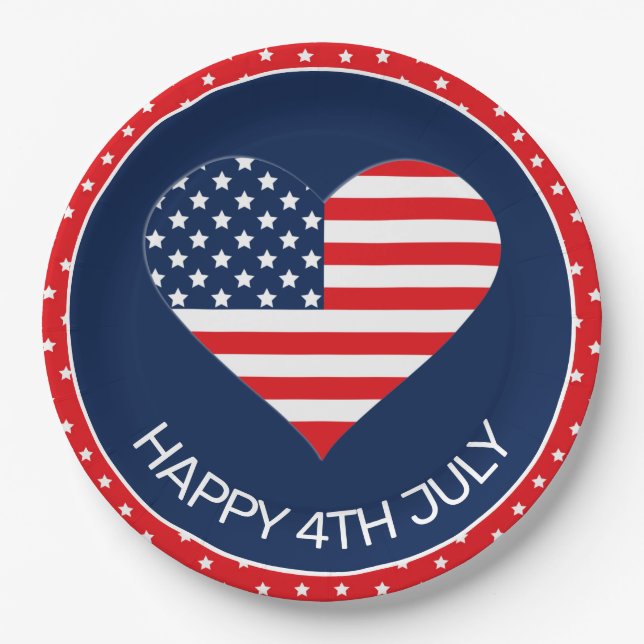 Patriotic Navy Blue, USA Flag Heart 4th July Paper Plate (Front)