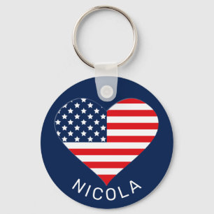 Patriotic Navy Blue, USA Flag Heart Key Ring