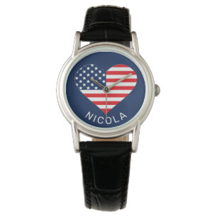 Patriotic Navy Blue, USA Flag Heart Watch