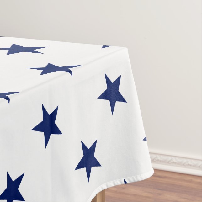 Patriotic navy blue white stars modern holiday tablecloth (In Situ)