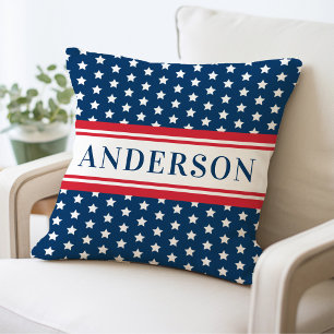 Patriotic Navy Star Stripe Family Monogram Cushion