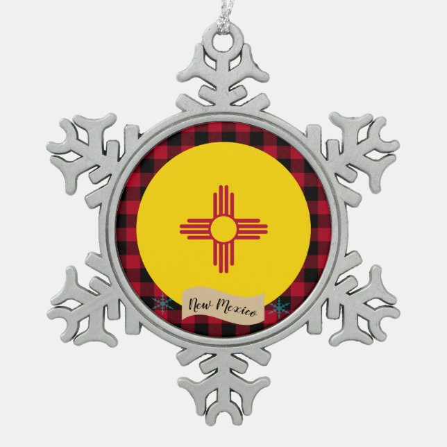 Patriotic New Mexico, plaid, New Mexican Flag Snowflake Pewter Christmas Ornament (Front)
