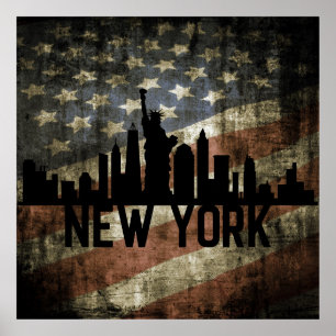 Patriotic New York Skyline Vintage American Flag Poster