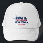 Patriotic New York Typography Trucker Hat<br><div class="desc">New York trucker hat. A bold typography design with a blue star that highlights the US state of New York,  its year of statehood in 1788,  and the initials of the USA infused with the stars and stripes of the American flag. It makes a wonderful patriotic gift or souvenir.</div>