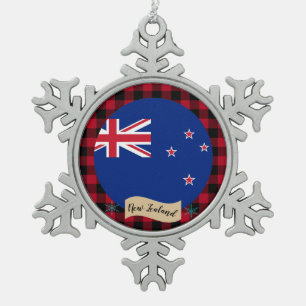Patriotic New Zealand, buffalo plaid, Zealand Flag Snowflake Pewter Christmas Ornament
