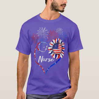Patriotic Nurse 4th Of July American Flag Sunflowe T-Shirt