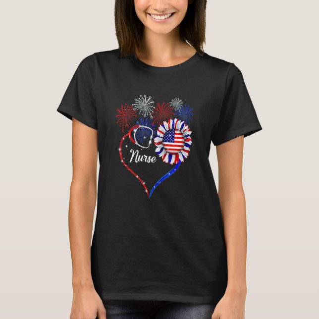Patriotic Nurse 4th Of July American Flag Sunflowe T-Shirt (Front)