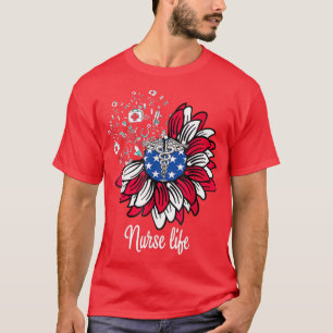 Patriotic Nurse 4th Of July American Flag Sunflowe T-Shirt