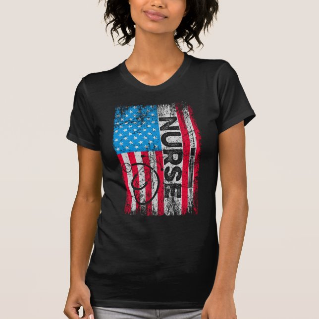 Patriotic Nurse American Flag Stethoscope Nursing T-Shirt (Front)