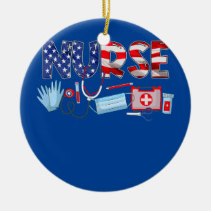 Patriotic Nurse Fourth of July 4th July US Ceramic Ornament