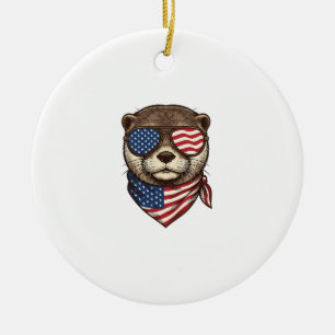 Patriotic Otter Vector Vintage Engraving Shirt Des Ceramic Ornament