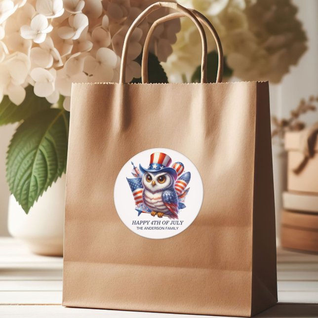 Patriotic Owl Top Hat Red White Blue 4th July  Classic Round Sticker (Happy 4th of July patriotic owl gift bag sticker)