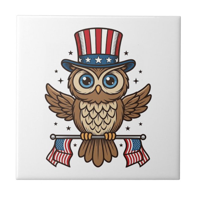 Patriotic Owl Vintage Engraving Graphic_1 Ceramic Tile (Front)