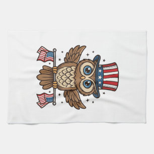 Patriotic Owl Vintage Engraving Graphic_1 Tea Towel