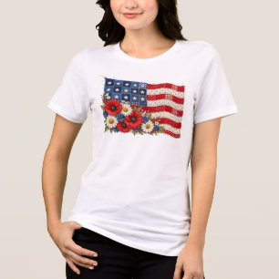 Patriotic Patchwork American Flag with Wildflowers Tri-Blend Shirt