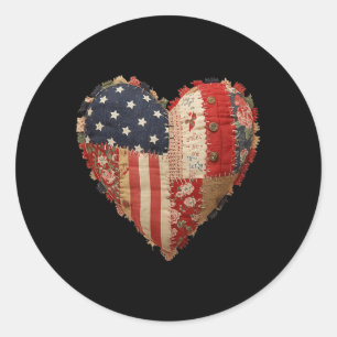 Patriotic Patchwork Heart Americana Flag Folk Art Classic Round Sticker