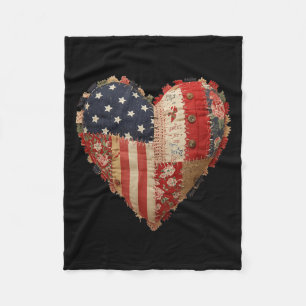 Patriotic Patchwork Heart Americana Flag Folk Art Fleece Blanket