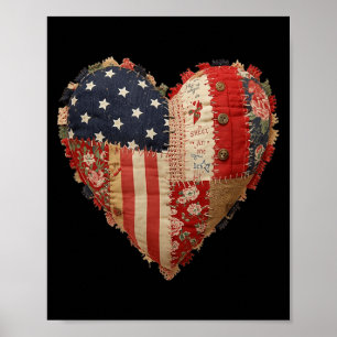 Patriotic Patchwork Heart Americana Flag Folk Art Poster