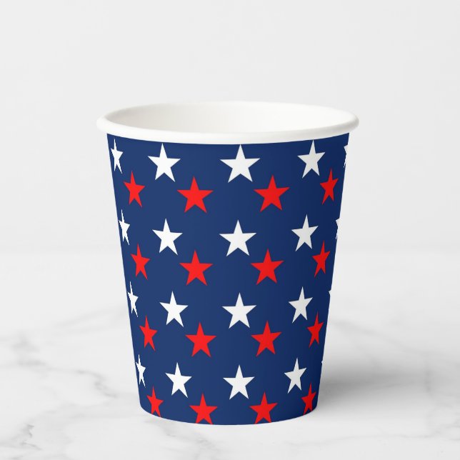 Patriotic Pattern Stars on Blue Paper Cups (Front)