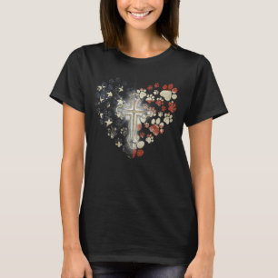 Patriotic Paws Dog Heart American Flag Jesus Cross T-Shirt