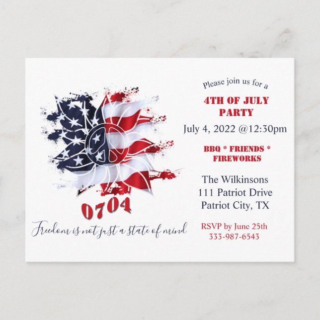 Patriotic Peace Flower 4th of July BBQ Invite Postcard (Front)