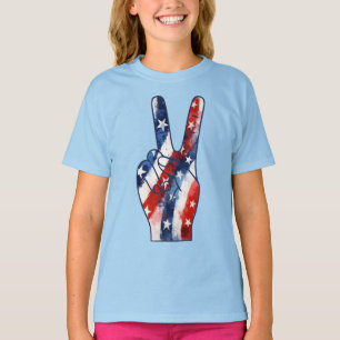 Patriotic Peace Sign Hand Wavy US Flag Pattern T-Shirt
