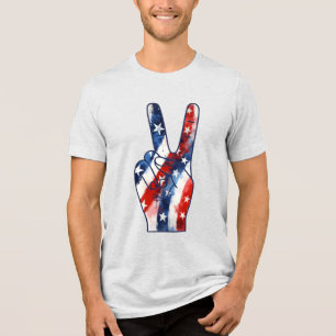 Patriotic Peace Sign Hand Wavy US Flag Pattern Tri-Blend Shirt