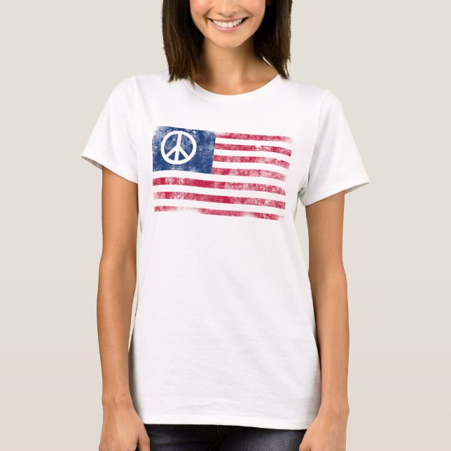 Patriotic Peace Symbol on American Flag T-Shirt (Front)