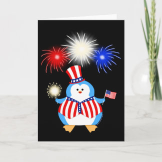 Patriotic Penguin With Fireworks Card