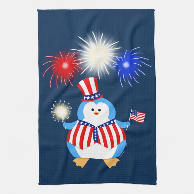 Patriotic Penguin With Fireworks Tea Towel (Vertical)