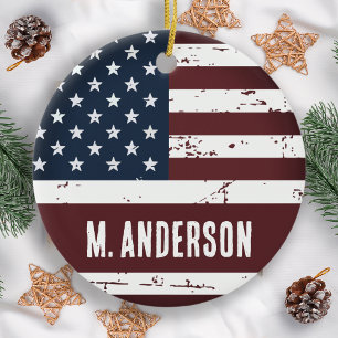 Patriotic Personalised USA American Flag Ceramic Ornament