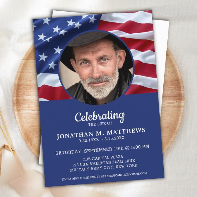 Patriotic Photo American Flag Celebration Of Life Invitation (Creator Uploaded)