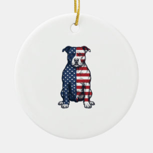 Patriotic Pit Bull Vintage Engraving Vector Design Ceramic Ornament