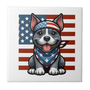 Patriotic Pitbull American Flag 4th of July BBQ Ceramic Tile