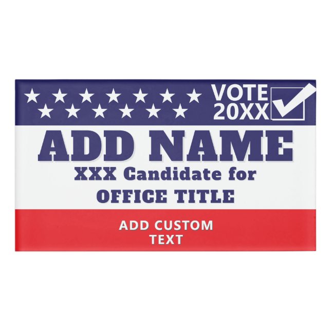 Patriotic Political 2026 Campaign Candidate Custom Name Tag (Front)