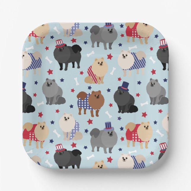 Patriotic Pomeranian Dog Paper Plates (Front)
