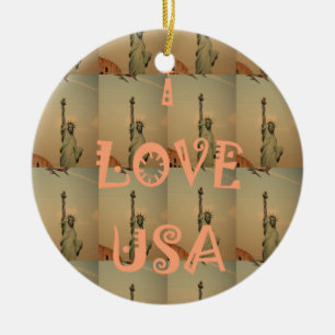 Patriotic Pop Art: "I Love USA" Graphic Art Design Ceramic Tree Decoration