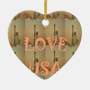 Patriotic Pop Art: "I Love USA" Graphic Art Design Ceramic Tree Decoration