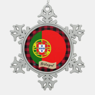 Patriotic Portugal, buffalo plaid, Portuguese Flag Snowflake Pewter Christmas Ornament