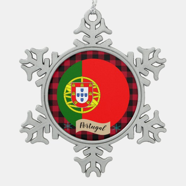 Patriotic Portugal, buffalo plaid, Portuguese Flag Snowflake Pewter Christmas Ornament (Front)