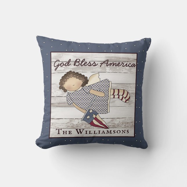 Patriotic  Primitive Country Angel Family Name Cer Cushion (Front)