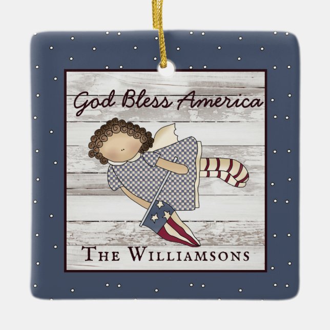 Patriotic  Primitive Country Angel Family Name Ceramic Ornament (Front)