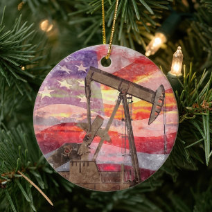 Patriotic Pumpjack at Sunset Pastel Drawing Art Ceramic Ornament