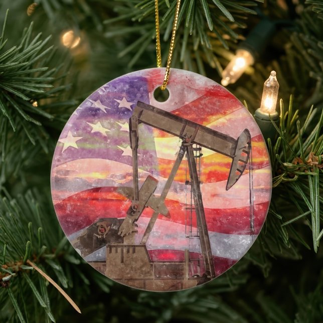 Patriotic Pumpjack at Sunset Pastel Drawing Art Ceramic Ornament (Patriotic Pumpjack at Sunset Pastel Drawing Art. Ceramic Ornament)