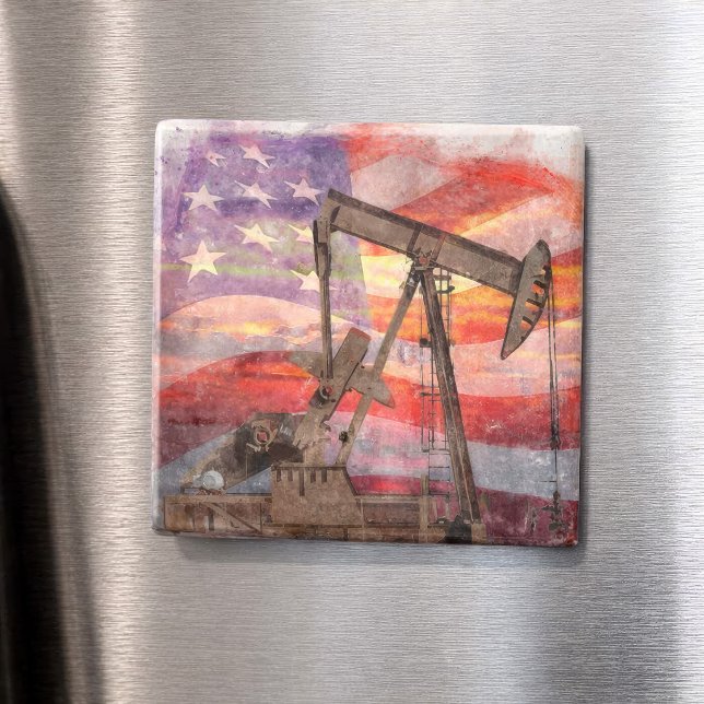 Patriotic Pumpjack at Sunset Pastel Drawing Art Magnet (Patriotic Pumpjack at Sunset Pastel Drawing Art. Magnet)