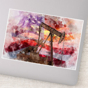 Patriotic Pumpjack Watercolor Sunset Art