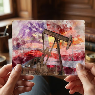 Patriotic Pumpjack Watercolor Sunset Art Postcard