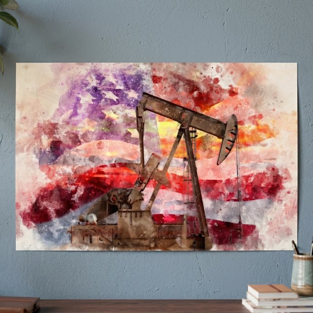 Patriotic Pumpjack Watercolor Sunset Art Poster (Patriotic Pumpjack Watercolor Sunset Art. Poster)